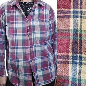 90s Womens M Plaid‎ Button Up Shirt Midweight Burgundy Green Cotton